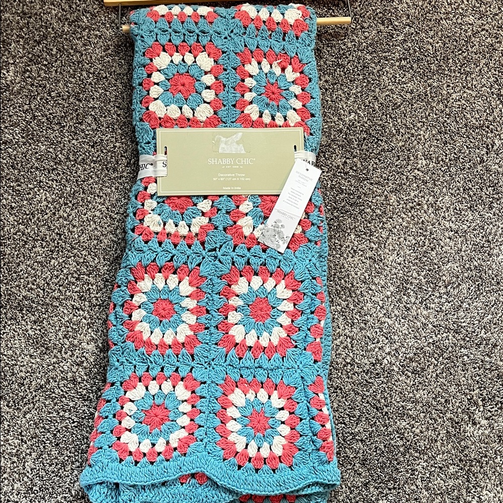 Shabby Chic Throw Blanket Granny Square Crochet Cotton Cottagecore Throw Blanket